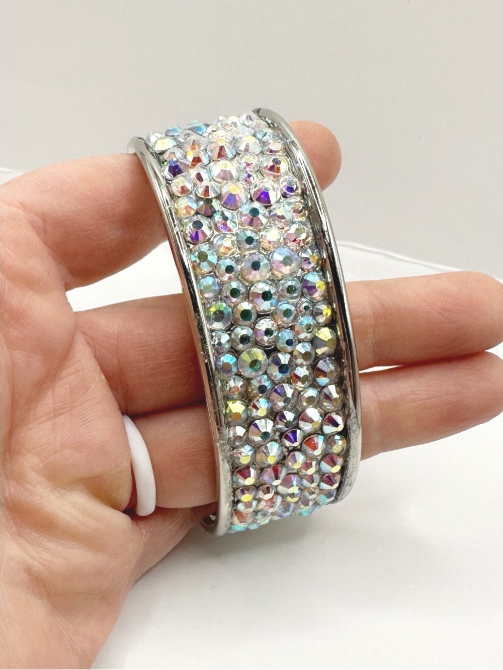 Handmade bangle bracelet with hand placed high quality AB crystals